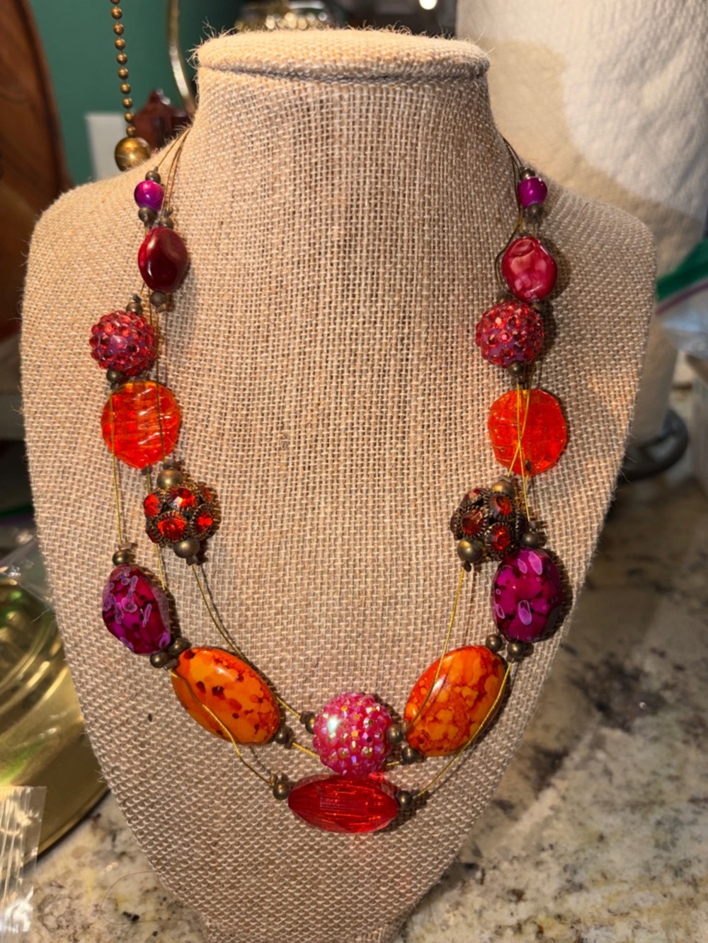 Multicolor Statement Beaded Necklace - Orange & Fuchsia